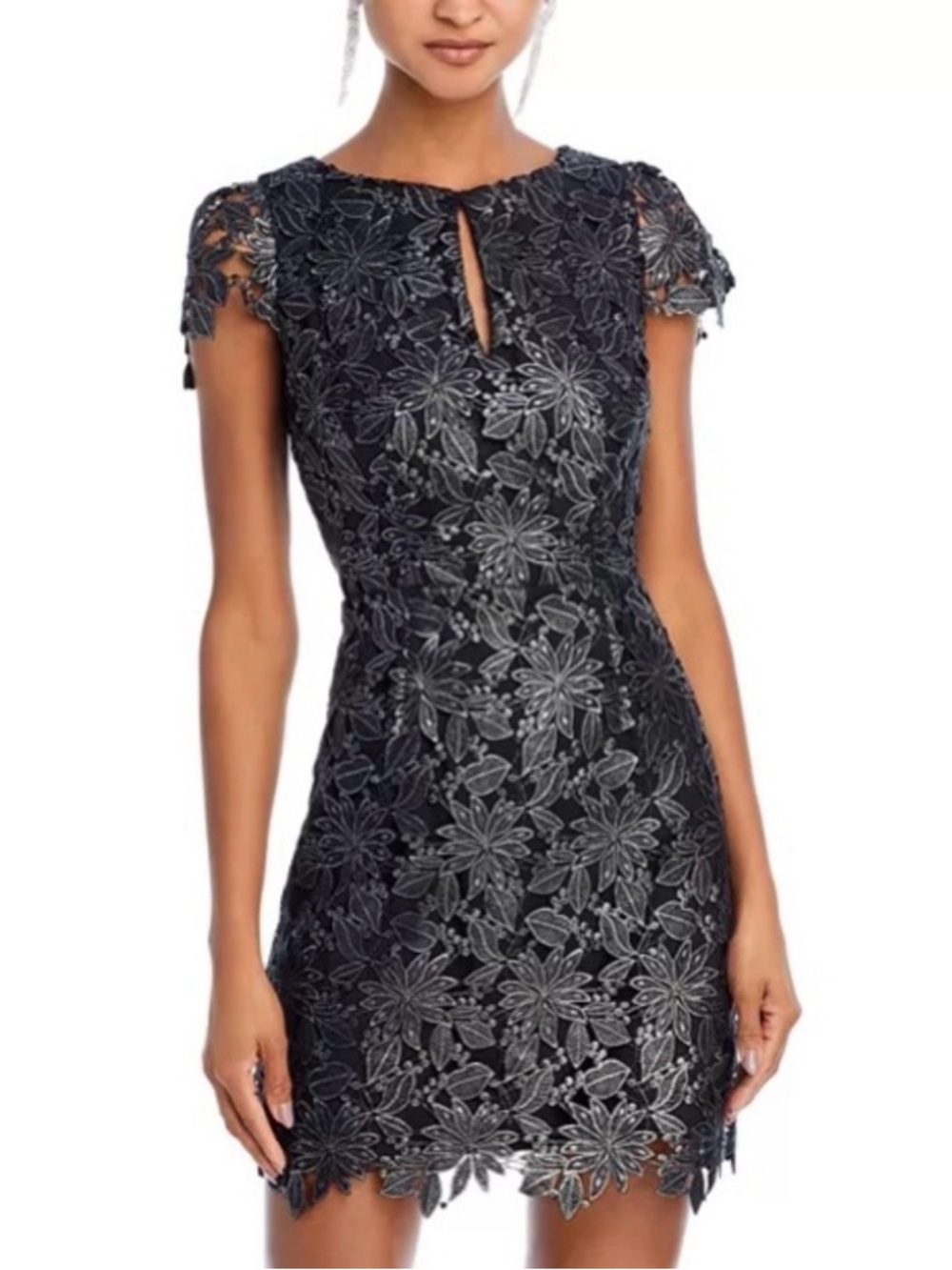 New Milly Shayna Foiled Lace Mini Dress Floral Guipure Lace Sheath Sz 0